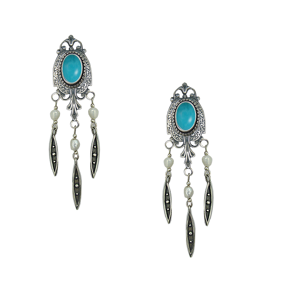 Sterling Silver Victorian Style Drop Dangle Earrings With Turquoise